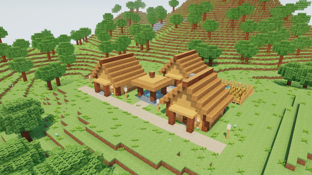 A Stonefield village with tiled roofs, lanterns and paths through a forest